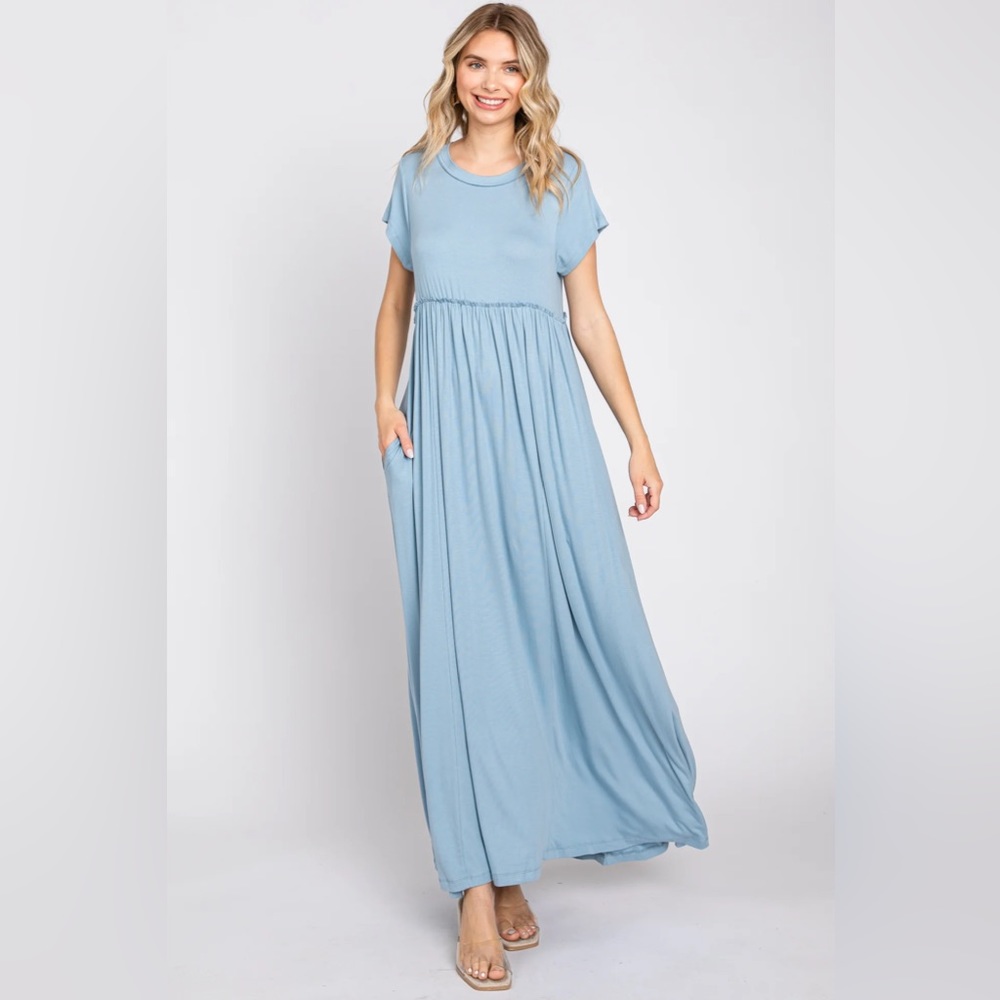 Pinkblush Light Blue Short Sleeve Pocketed Maternity Maxi Dress